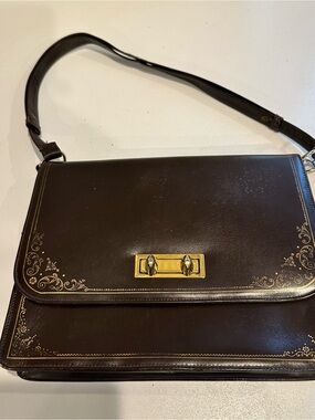Vintage Dark Brown Leather Shoulder Bag with Gold-Tone Hardware
